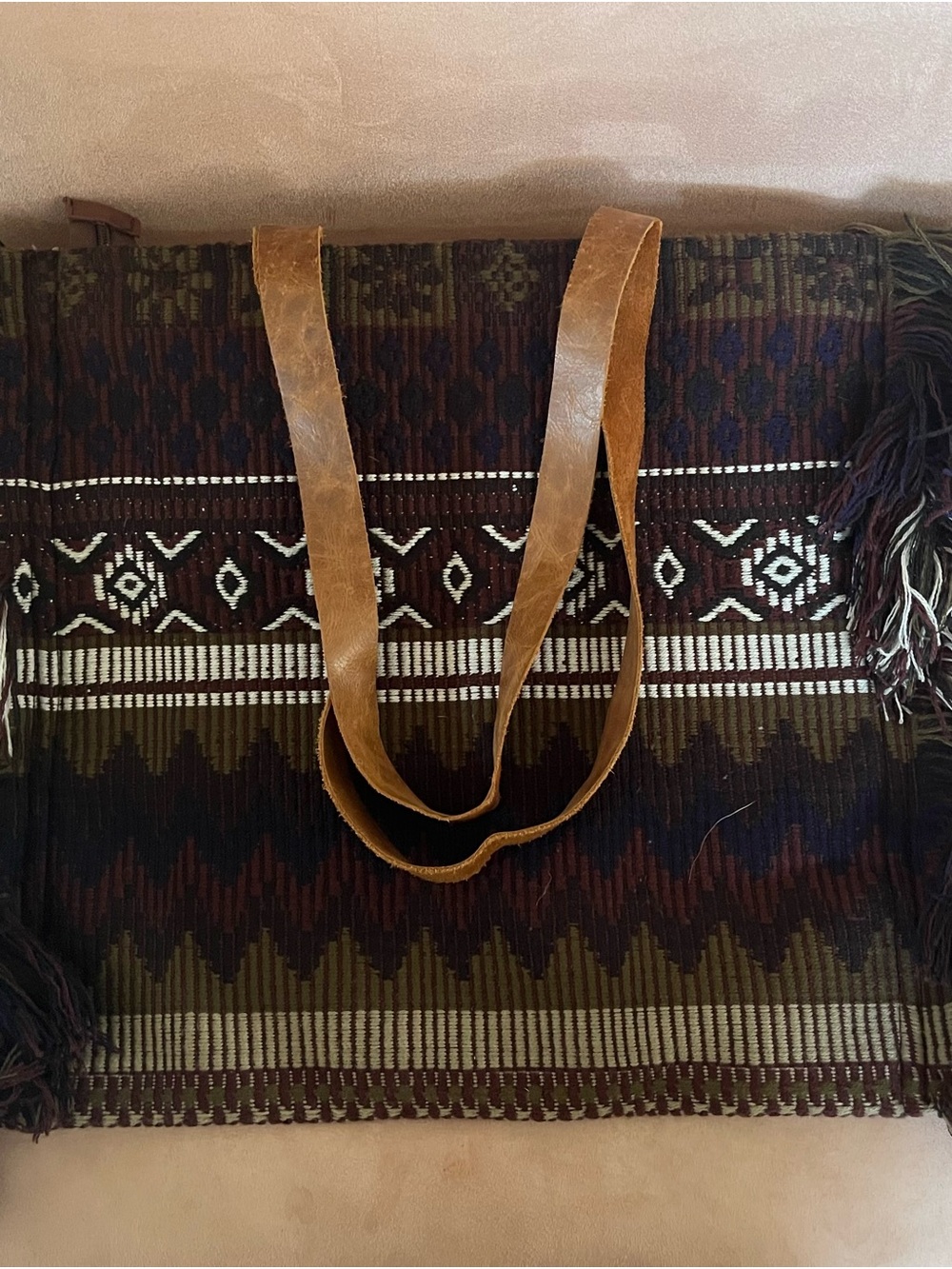 Boho Woven Tote with Tan Leather Straps